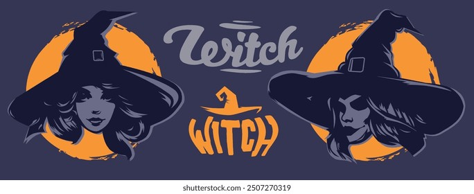 collection of silhouettes of witch face designs in various poses, vector