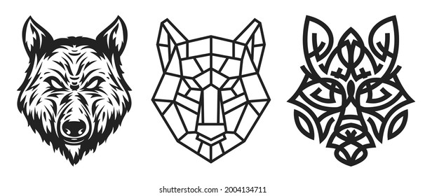 Collection silhouettes of wolf head in monochrome different styles isolated on white background. Modern graphic design element for label, print or poster. Vector art illustration.