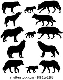 Collection of silhouettes of wolves and wolf-cubs