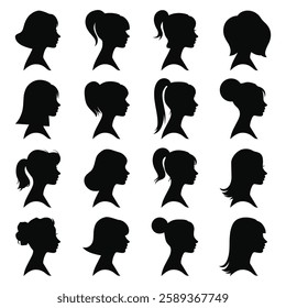 A collection of silhouettes of women with different hairstyles