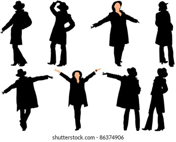 A collection of silhouettes of women in the hat. Vector