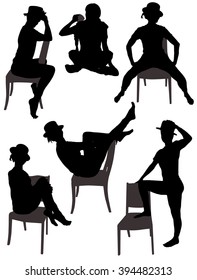 Collection of silhouettes of women posing on a chair on a white background.