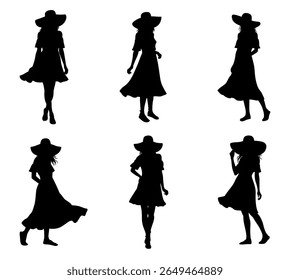 collection of silhouettes of women wearing summer clothes and summer hats in various poses