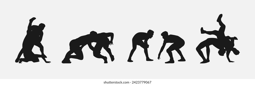 collection of silhouettes wrestling with different pose, gesture. isolated on white background. vector illustration.