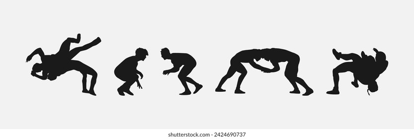 collection of silhouettes wrestling with different pose, gesture. isolated on white background. vector illustration.