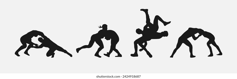 collection of silhouettes wrestling with different pose, gesture. isolated on white background. vector illustration.