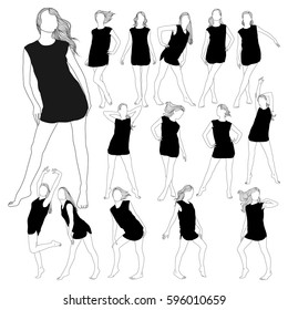 Collection of silhouettes of young beautiful slim woman with long hair in little dress. Profile of sexy girl for design.