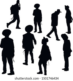 A collection of silhouettes of young Jews. Hasidim are religious Jews in traditional dress. Men in a hat. Jews in tzitzit and talit katan. Isolated vector illustration. Black on white.