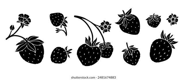 Collection of silhouettes,doodles of summer strawberries.Vector graphics.