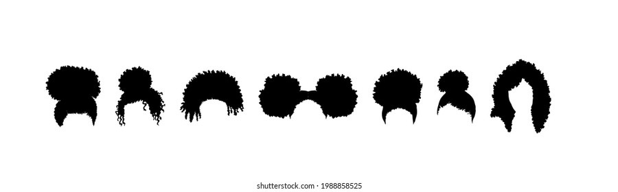 Collection of silhoutes of afro girls hairstyles isolated on white background