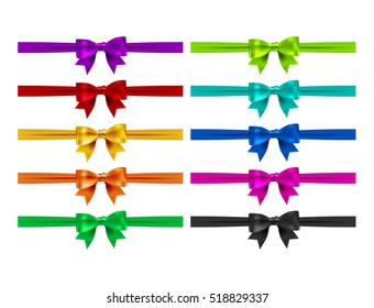 Collection of silk realistic colored bows with ribbons. Realistic bow collection.  Holidays decorations clipart .Vector illustration. EPS 10