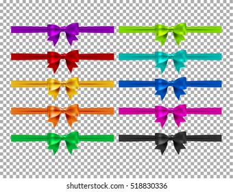 Collection of silk realistic colored bows with ribbons. Holidays decorations clipart .Vector illustration. EPS 10