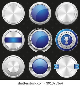 Collection of silver and blue shiny luxury badge, rosette, button on black background