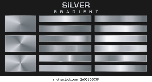 Collection of silver, chrome metallic gradient. Brilliant plates with silver effect. Vector illustration.