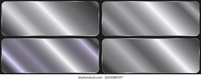 Collection of silver, chrome metallic gradient. Plates with shiny silver effect. Large set of luxury silver gradients. Vector illustration.
