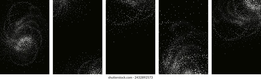 
Collection of silver glitter textures set against a sleek black backdrop. Radiant stardust in a warm amber hue. A cascade of sparkling  shine confetti.Overlay sand powder effect.