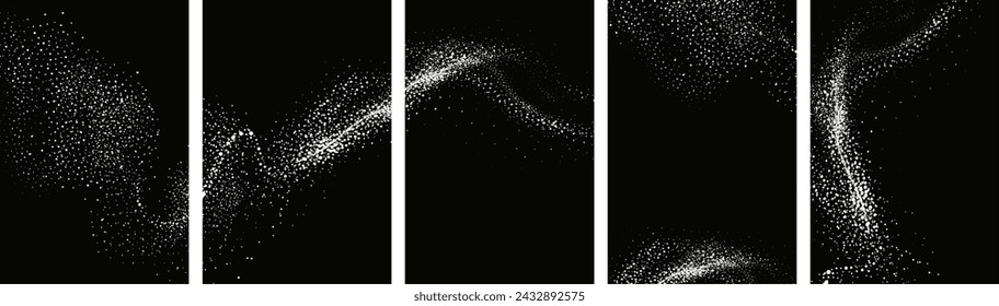 
Colección de texturas de brillo plateado sobre un elegante fondo negro. Polvo de estrellas radiante en un cálido tono ámbar. Una cascada de confeti brillante. Efecto de polvo de arena superpuesto.