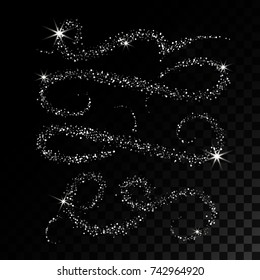 Collection Silver Glitter Wave and Whorls. Abstract design element. Vector illustration. Object is isolated on black background with translucent grid