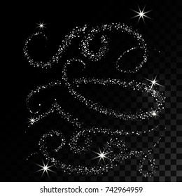 Collection Silver Glitter Wave and Whorls. Abstract design element. Vector illustration. Object is isolated on black background with translucent grid