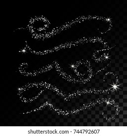 Collection Silver Glitter Wave and Whorls. Abstract design element. Vector illustration. Object is isolated on black background with translucent grid
