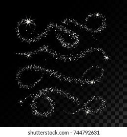 Collection Silver Glitter Wave and Whorls. Abstract design element. Vector illustration. Object is isolated on black background with translucent grid