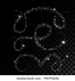 Collection Silver Glitter Wave and Whorls. Abstract design element. Vector illustration. Object is isolated on black background with translucent grid