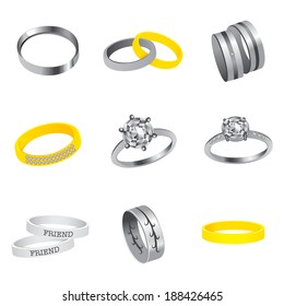 Collection of silver, gold, steel rings and diamonds rings