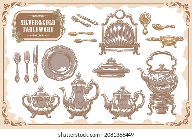 Collection of silver and gold tableware. Vintage tea time objects. Vector illustration.