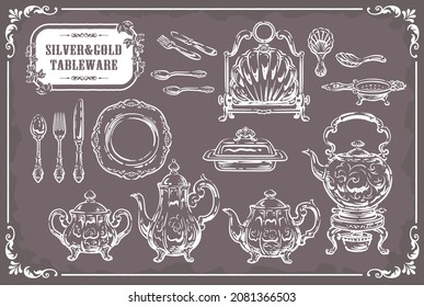 Collection of silver and gold tableware. Vintage tea time objects. Vector illustration.