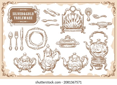 Collection of silver and gold tableware. Vintage tea time objects. Vector illustration.