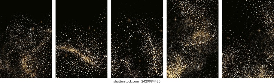 
Collection of silver and golden glitter textures set against a sleek black backdrop. Radiant stardust in a warm amber hue. A cascade of sparkling  shine confetti.Overlay sand powder effect.