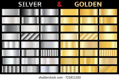 Collection Of Silver And Golden Gradient Backgrounds. Set Of Gold And Silver Metallic Textures. Vector Illustration