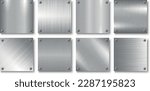 Collection of silver iron polished covers, templates, placards, brochures, banners, flyers and etc. Gray metallic sheet backgrounds. Bright stainless brushed design
