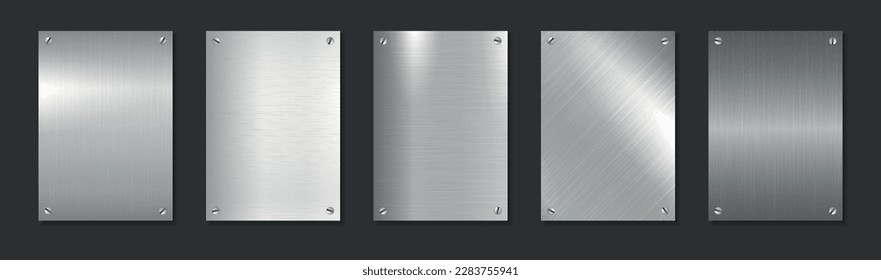 Collection of silver iron polished covers, templates, backgrounds, placards, brochures, banners, flyers and etc. Gray metallic sheet posters. Bright stainless brushed design