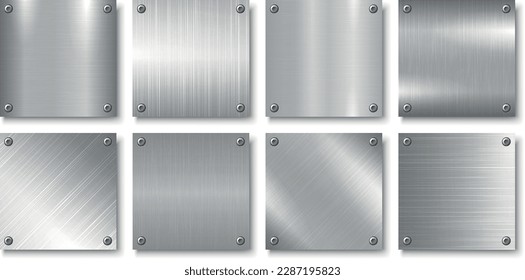 Collection of silver iron polished covers, templates, placards, brochures, banners, flyers and etc. Gray metallic sheet backgrounds. Bright stainless brushed design