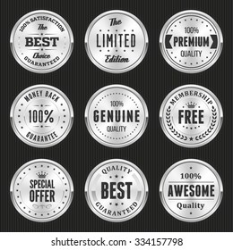 Collection of silver labels and badges