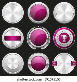 Collection of silver and purple shiny luxury badge, rosette, button on black background
