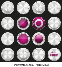 Collection of silver and purple shiny luxury badge, rosette, button on black background