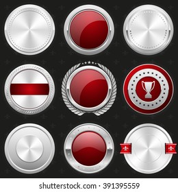Collection of silver and red shiny luxury badge, rosette, button on black background
