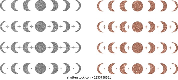 Collection silver and rose gold glitter moon phases shapes