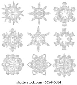 Collection of silver snowflakes. 3d flakes. Colorful shapes. Quilling