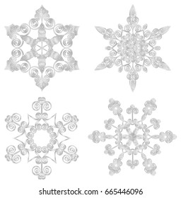 Collection of silver snowflakes. 3d flakes. Colorful shapes. Quilling