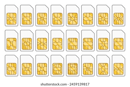 Collection Of Sim Cards With Circuit Pattern. Small Chips Used In Mobile Devices To Store Subscriber Information