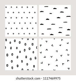 Collection of simple abstract vector pattern. Cute geometric seamless backgrounds in scandinavian style. Clouds, cross, plus sign, triangle, dots.