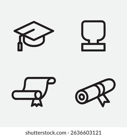 Collection of simple academic graduation cap and diploma illustrations in clean monochrome design style