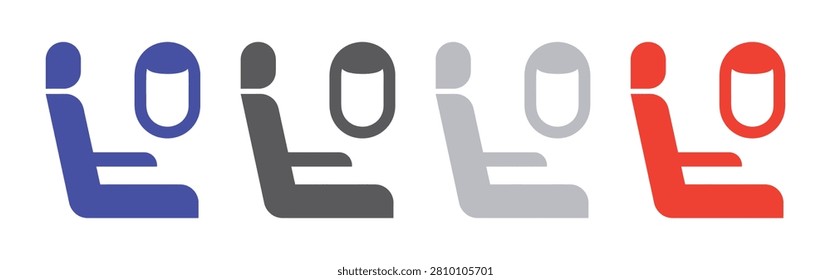 A collection of simple airplane seat and window icons in blue, grey, and red colors. These clean vector graphics are ideal for travel apps, airline branding, and flight booking websites, isolated on a white background.