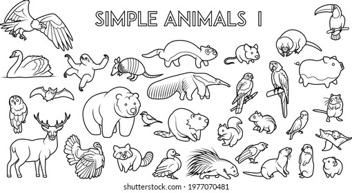 A collection of simple animal designs mammals and birds. Animals of North and South America. Suitable for engraving, poster, coloring book or t-shirt design. Simple, cute, and fun