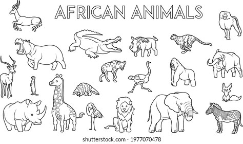 A collection of simple animal designs. A variety of mostly large animals of Africa. Suitable for engraving, poster, coloring book or t-shirt design. Simple, cute, and fun