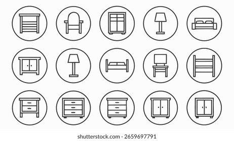 Coleção de ícones de arte simples conjunto representando várias peças de móveis