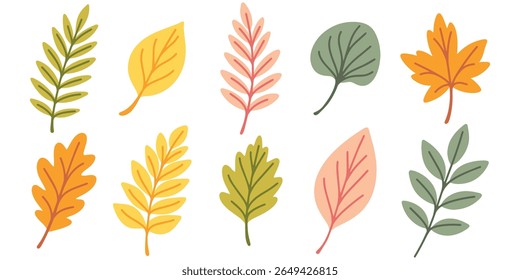 Collection of simple autumn leaves in pastel yellow, orange and green tones on white background for seasonal design and decoration